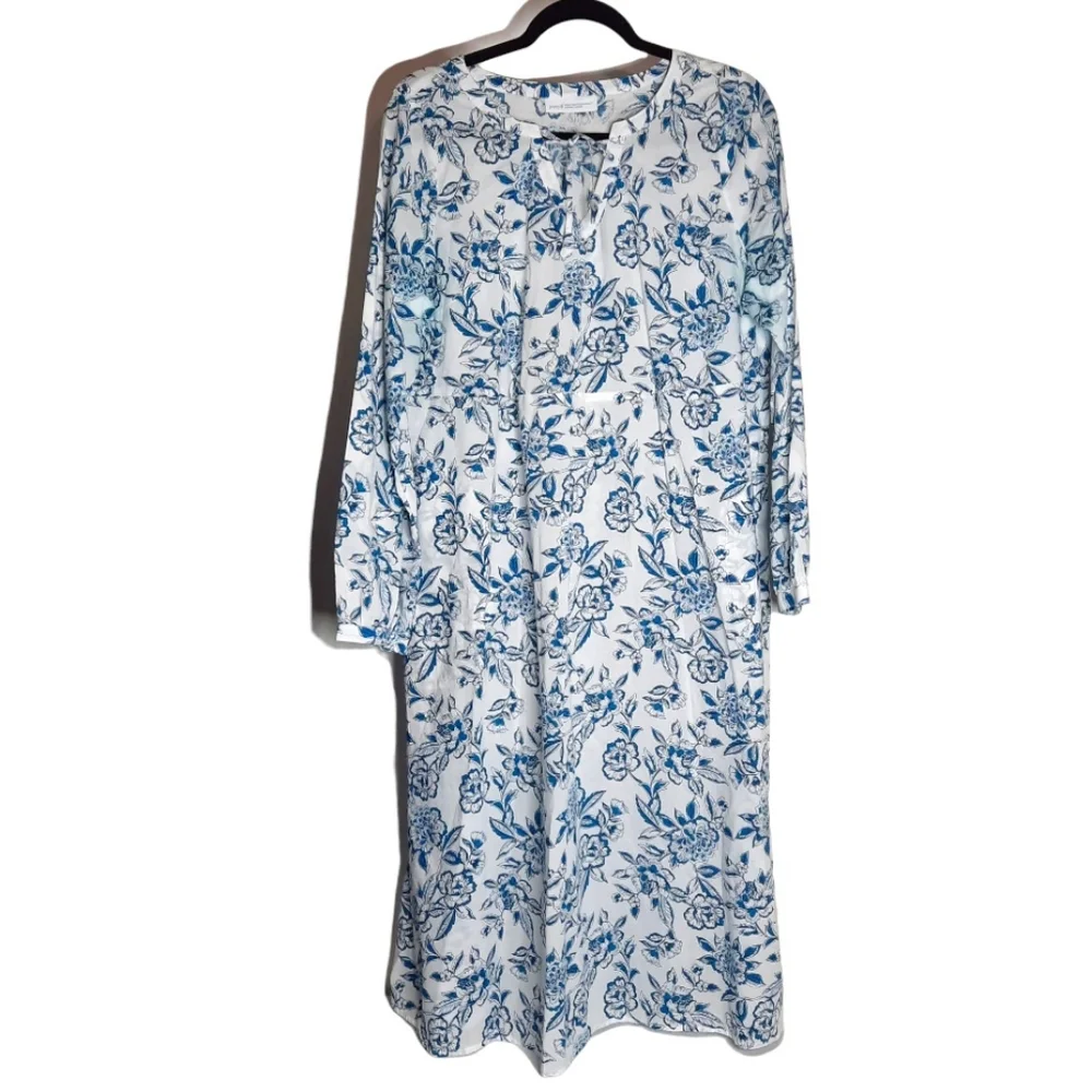 J.JILL Floral Cabana Dress Blue & White Boho Beach Organic Cotton Resort Vacay M - Picture 2 of 12